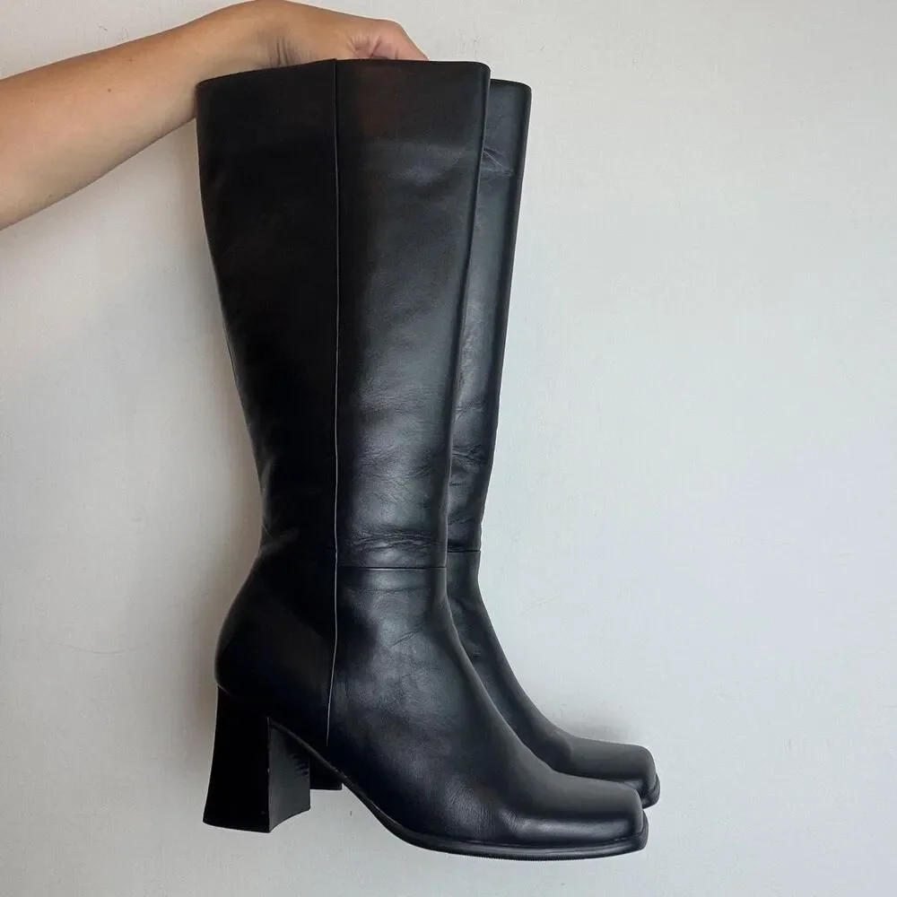 Bass Vintage 90s Y2K Black Leather Square Toe and Block Heel Knee High Boots